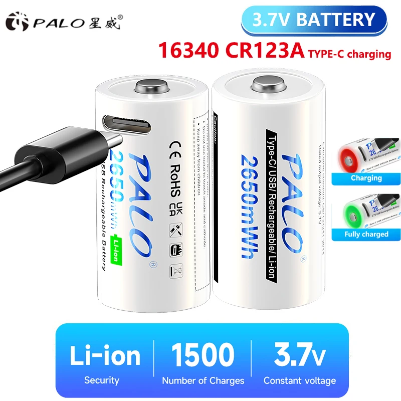 CR123A RCR 123 Battery 3.7V Rechargeable 16340 16350 RCR123 battery Type-C Ultra-Fast Charging for Laser Pen LED Flashlight Cell