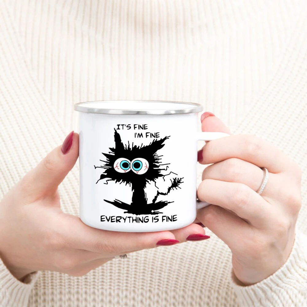 Outdoor Camping Mugs,Coffee Mug 12 Oz Enamel Travel Mug Cup,I am Fine Tea Cup Set for Drinks Home Office Use/Fishing/Picnics,