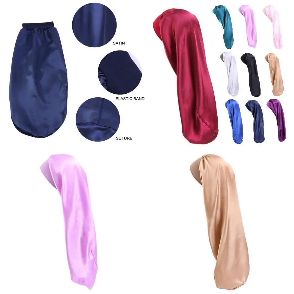 39BD Satin Sleep Cap Elastic Wide Bonnet Long Hair Sleeping Hat Night Headwrap