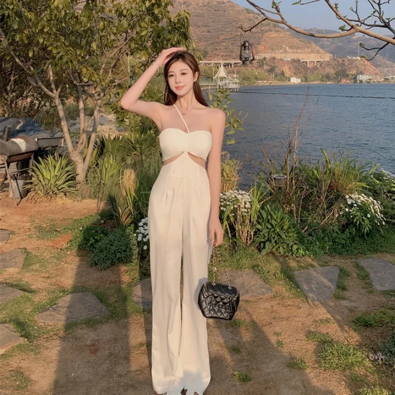 French Romantic White One Shoulder Strap Jumpsuit Banquets Dinner Party Date Onesie Lady Elegant Wide Leg Hollow Luxury Rompers