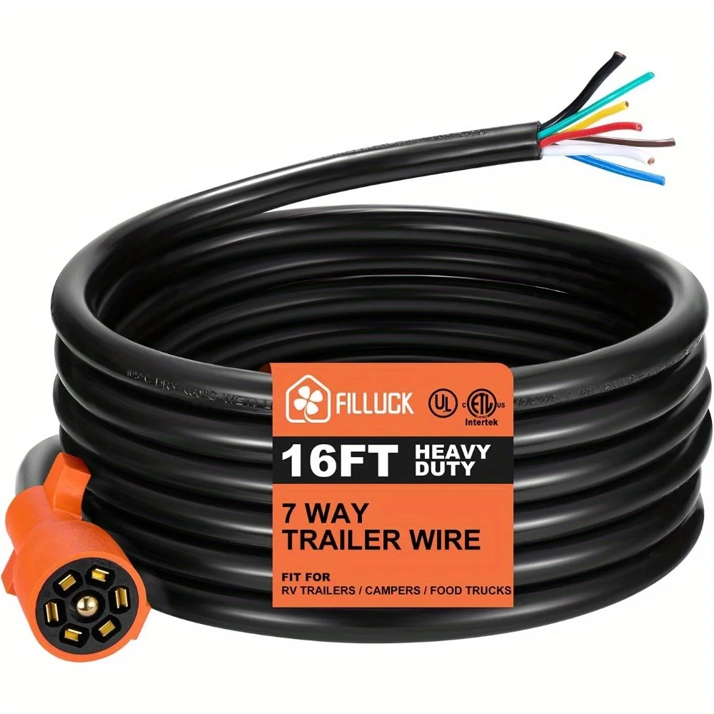 

16 FT 7 Pin Trailer Wiring Harness with Double Prongs Trailer Connector, 7 Pin Trailer Plug Heavy Cord for RV Standard