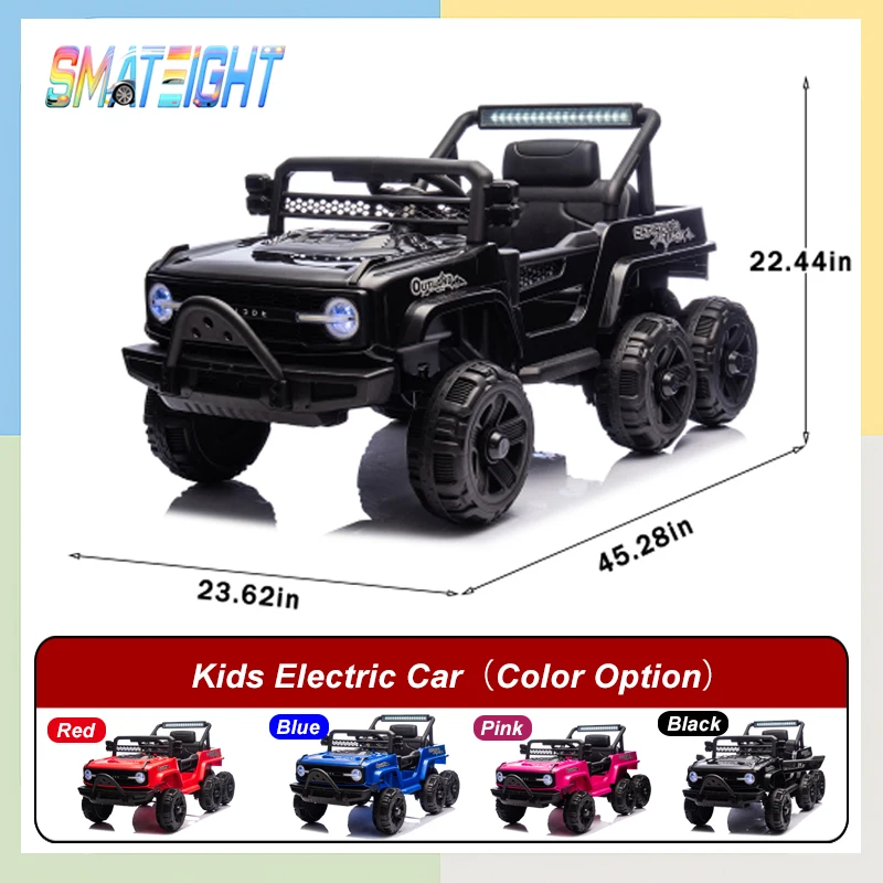 Elektryczny samochód dla dzieci 12V, 6 kół, zdalnie sterowany, 4 silniki, światła LED, Bluetooth, MP3, porty USB, mikrofon, powolny start, zabawka