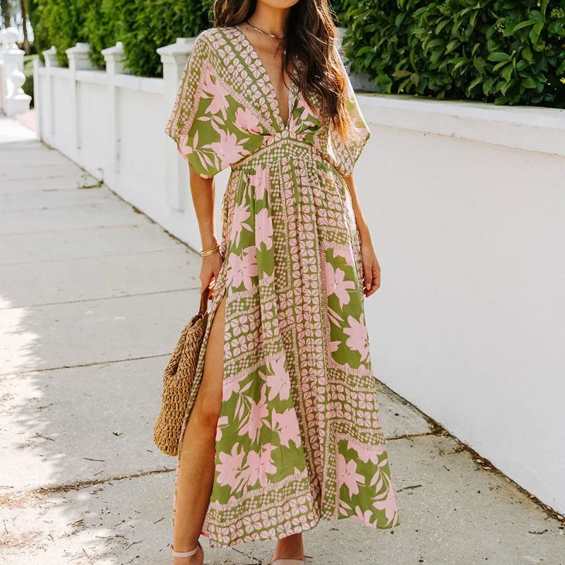 Summer Woman Dress Women's Casual High Waist V Neck Floral Print Dresses Boho Wrap Style Green And Pink Maxi Dress Side Slit
