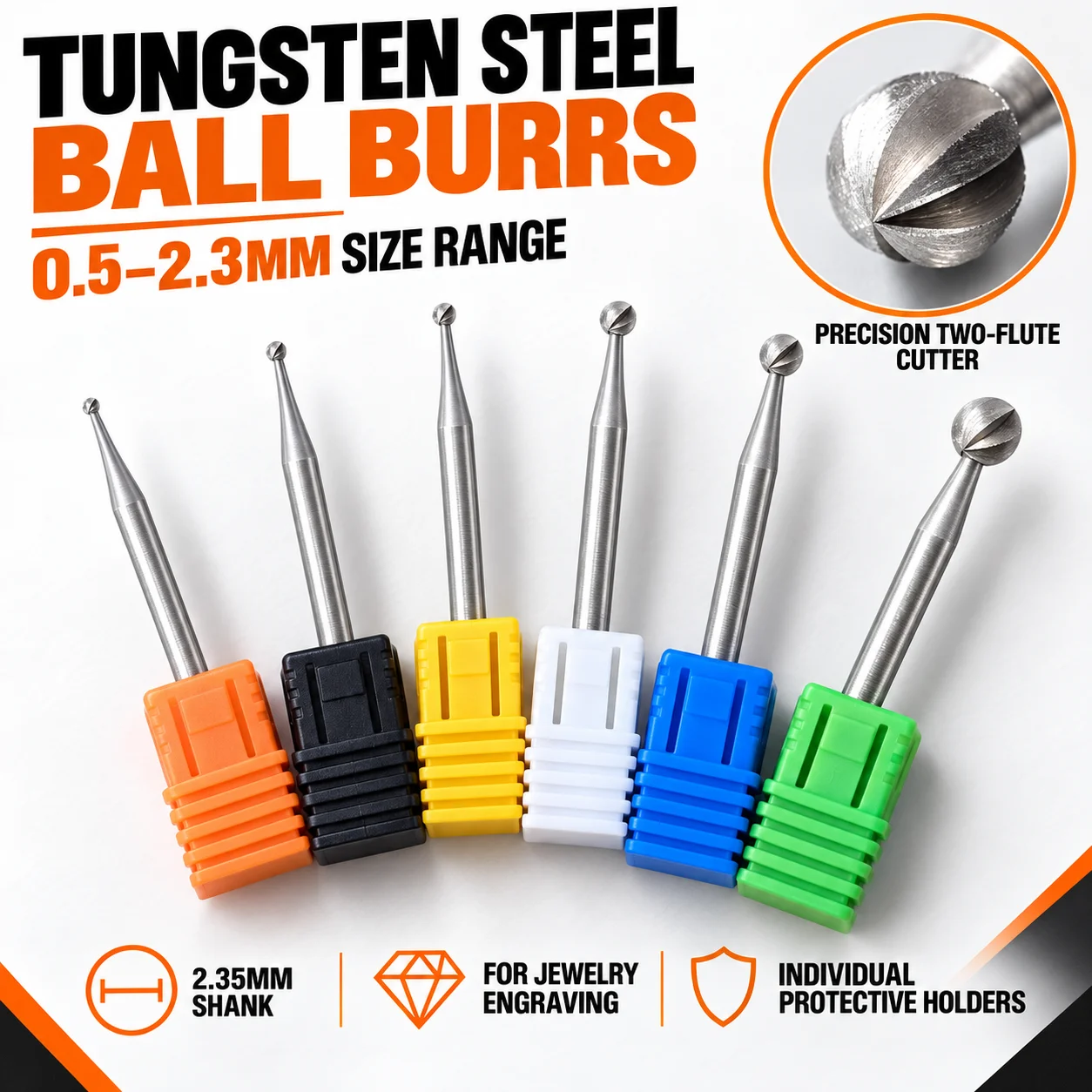 Tungsten Steel Ball Burr Set 0.5-2.3mm 2.35mm Shank for Jewelry Engraving - Durable Precision Carving Drill Bits for DIY Crafts