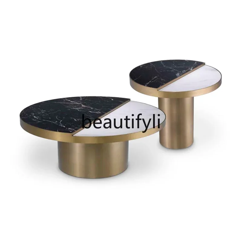 FG10Postmodern Round Marble Coffee Table Black and White Two-tone Tea Table Living Room Stainless Steel Metal High and Low