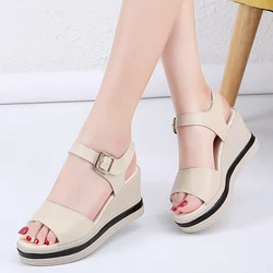 Trendy Split Leather Women Wedges Sandals Summer Buckle Slip On Women Platform Sandals Outdoor Beach Flip Flops Ladies Sandals