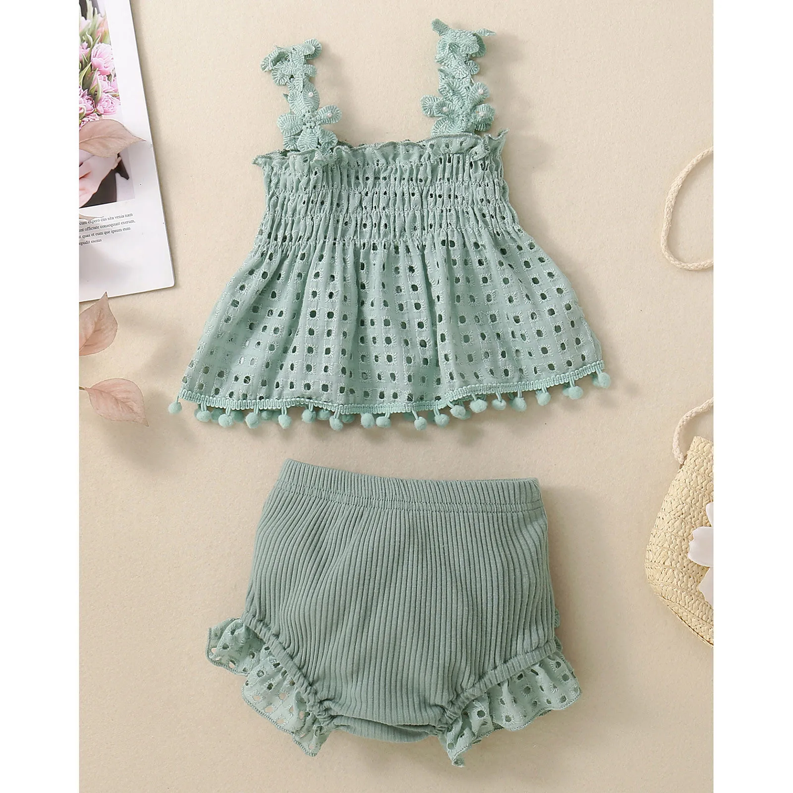 0-18M Summer Toddler Baby Girls Lovely Clothes Sets Solid Color Cutout Pleated Tank Tops Stretch Ruffle Shorts 2Pcs Outfits Sets