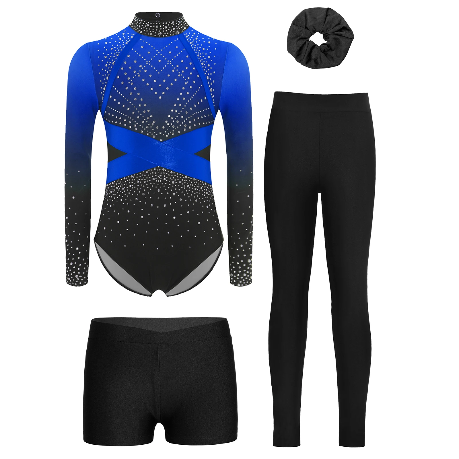 Kinder Mädchen Farbblock-Ballett-Tanz-Outfits, glänzender Strass-Trikot mit V-Bund vorne, Shorts, Leggings, Kopfbedeckung