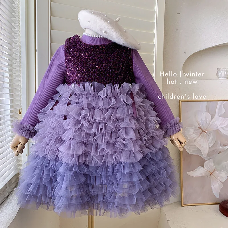 

Girls' Autumn and Winter Fleece-Lined2025New Fleece-Lined Base Shirt and Fleece-Lined Sleeveless Color-Block Dress Two-Piece Set