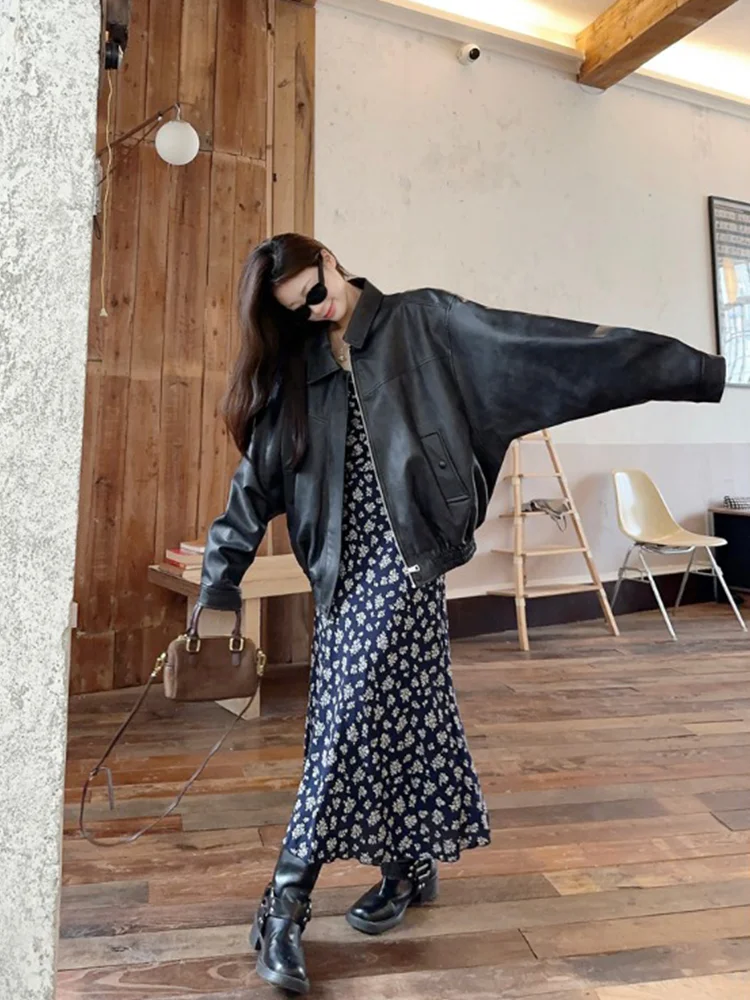 

Korean Fashion Autumn New Women Two Piece Sets Chic Long Sleeve Loose Leather Jacket + Floral Printed A Line Long Slip Dress
