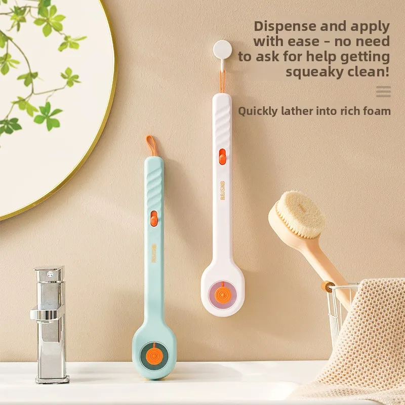 Long Handle Back Scrubber Soft Bristles Push Pull Liquid Dispensing Shower Brush Body Cleaning Tool