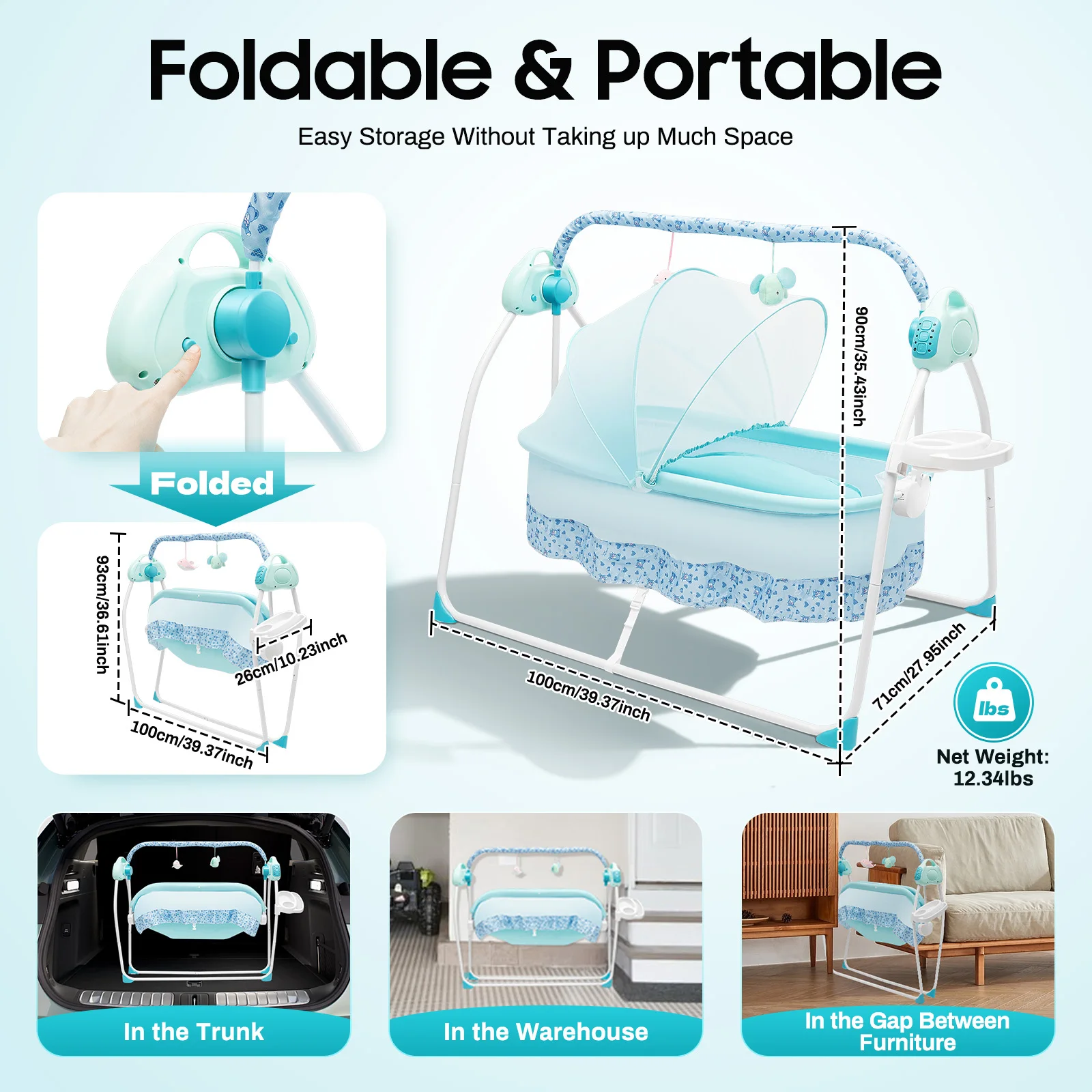 Culla elettrica per culla Telecomando uditivo Culla a dondolo pieghevole con oscillazione automatica Letto per dormire Cinghia/fibbie a forma di U per neonati