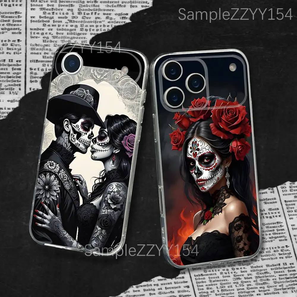 

Mexican Catrina Skull Girl Phone Case For iPhone 17,16,15,14,13,12,11 Pro,Max,Plus,X,XS,XR,SE4,E Mini Transparent Soft Cover