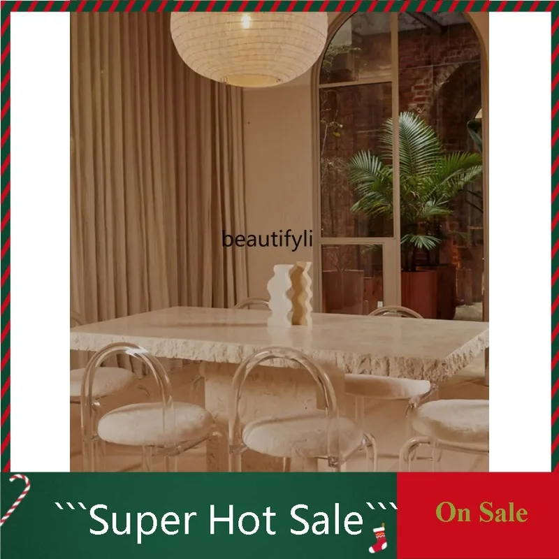 

Обеденный стол из камня A80 QCave, тихий стиль, естественная грубая поверхность, высококачественный дизайнерский стол, обеденный стол из сломанной мраморной каменной пластины