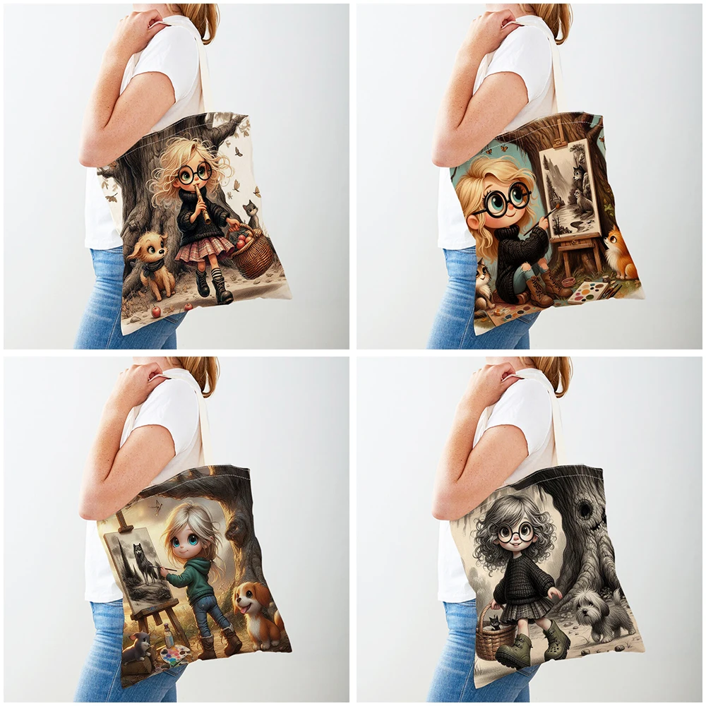 Canvas Women Shopper Bag Cute Cartoon Girl Shopping Bags Double Print Reusable Foldable Children Gift Travel Lady Tote Handbag