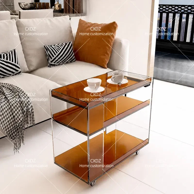 Acrylic Movable Sofa Side Table Antique Style Trolley Coffee Table Rack Living Room Mobile Dining Cart