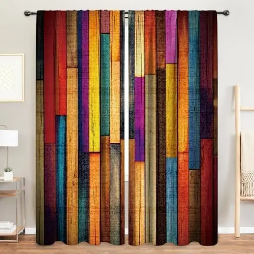 MESHELLY Rustic Farmhouse Curtains 52W X 84H Inch Rod Pocket Colorful Curtains for Living Room Western Barn Door Wooden 2 Panels