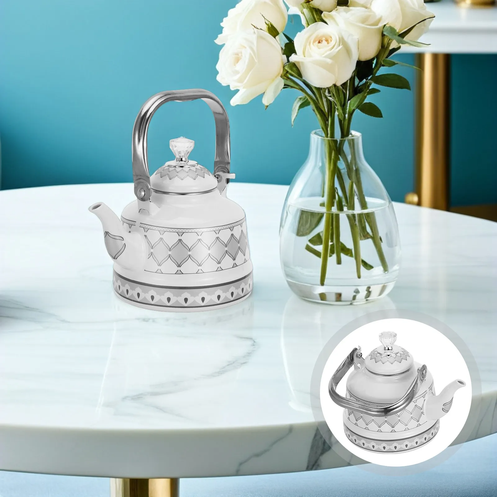 Vintage Enamel Tea Kettle Stove Top 1.1L Retro Porcelain Enamel Kettle Heat Resistant Decorative Teapot for Brewing Coffee and