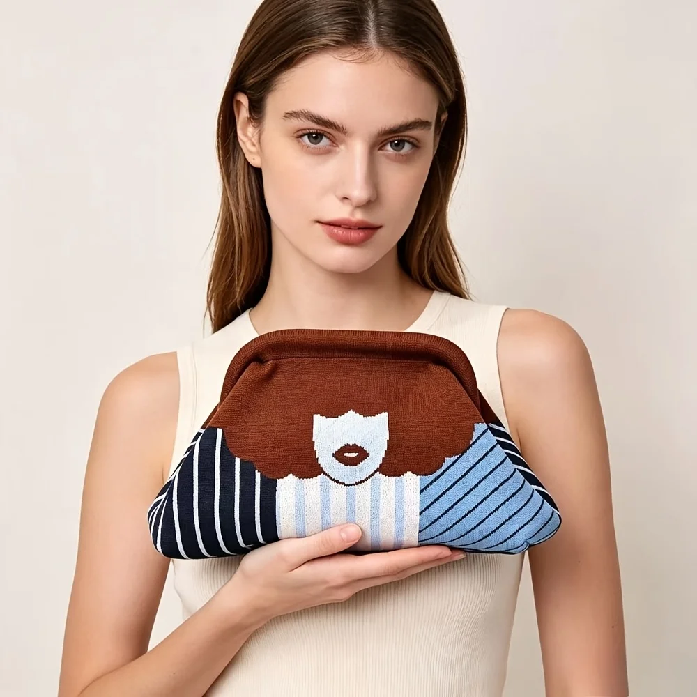Trendy Color-Blocking Fun Lip Print Knitted Pattern Design Ladies' Evening Banquet lightweight Luxury Commuting Clutch