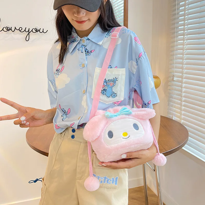 Cartoon Plush Bags For Women Sanrio Cinnamoroll Kuromi Shoulder Bag Large Capacity Crossbody Bag Coin Purse Handbag Girl Gift