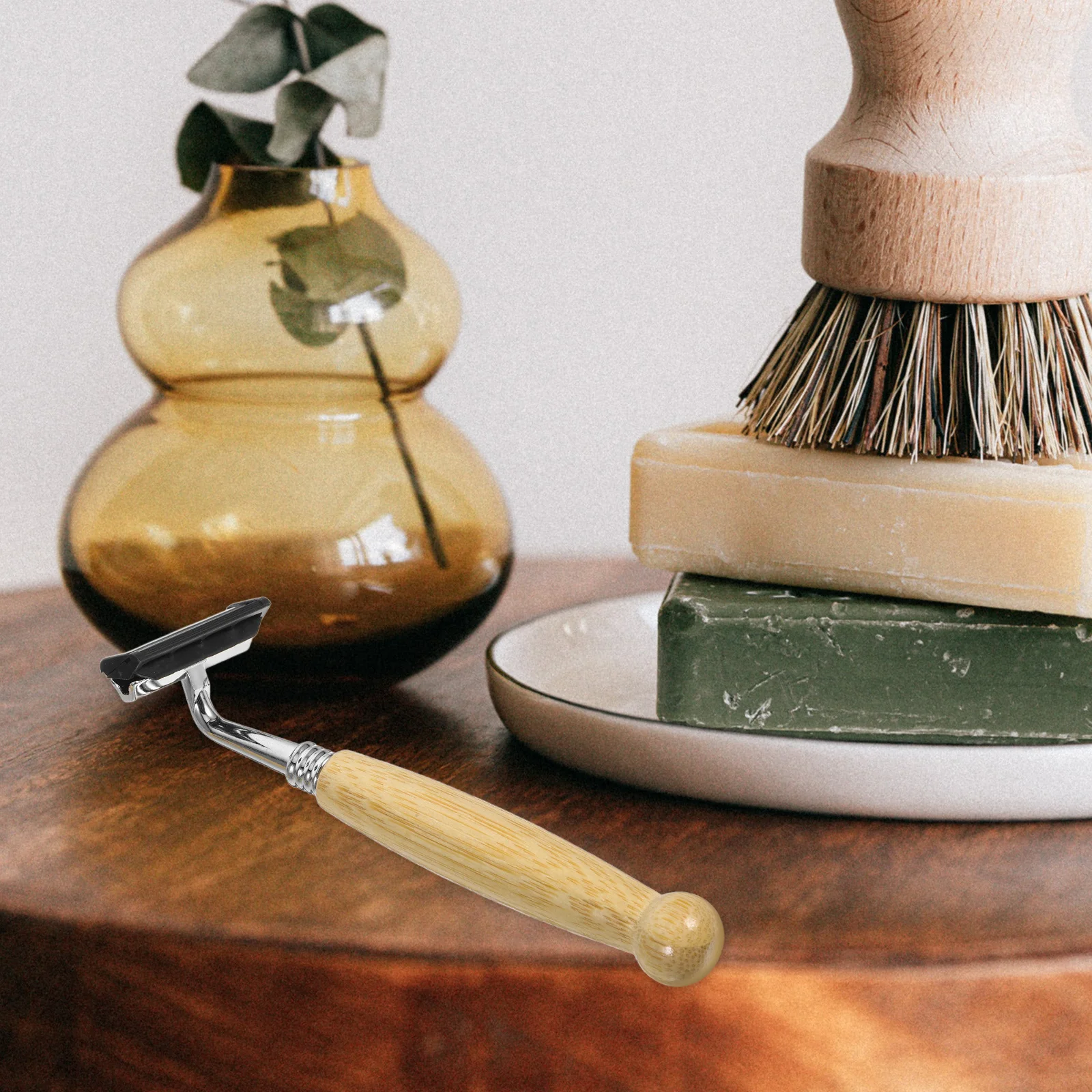 4 قطعة مقبض الخيزران الحلاقة شفرة الحلاقة مقص الشعر النمط القديم دليل ماكينة حلاقة المتقلب اللحية الفولاذ المقاوم للصدأ السلس هدية