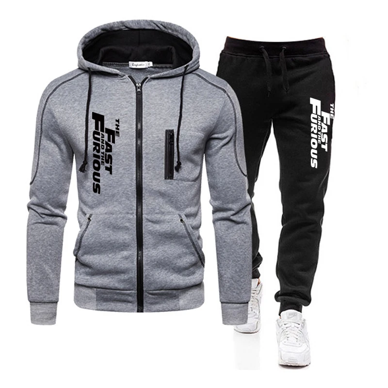 Sweatshirts for Men Casual Men\'s Clothing Two Piece Set Sports Zipper Jacket+Sports Pants Suit Fast and Furious Hooded Tracksuit