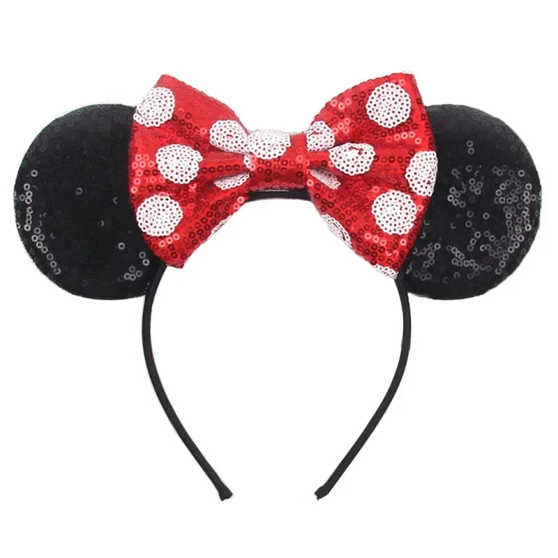 Diadema de Mickey Mouse y Minnie Mouse de Disney para adultos y mujeres, diadema con orejas de lentejuelas, lazo de lunares, diademas de fiesta, regalo para niñas y niños