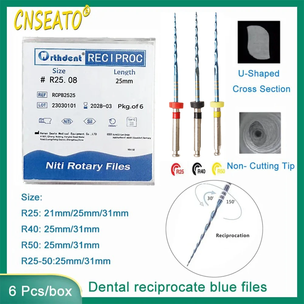 6PCS Dental Reciprocating File Endo NITI Rotary Heat Activated Blue Only One File Reciprocation Engine Dentistry R25/40/50/25-50