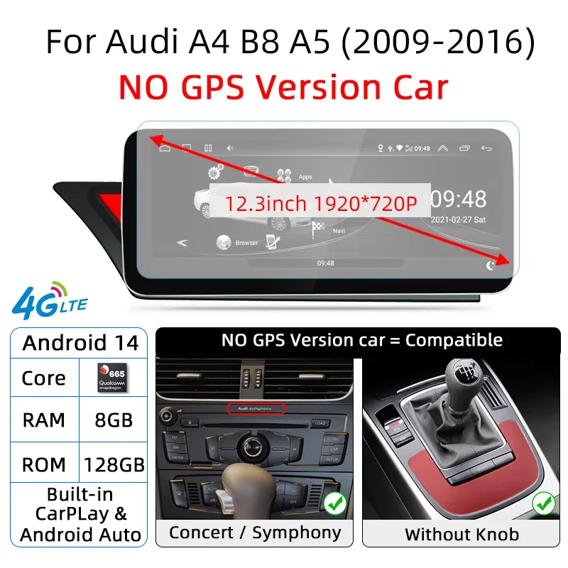 Android 14 Auto CarPlay Draadloze Voor Audi A4 B8 A5 8K 2008 ~ 2016 MMI Auto Multimedia Speler GPS WiFi DSP