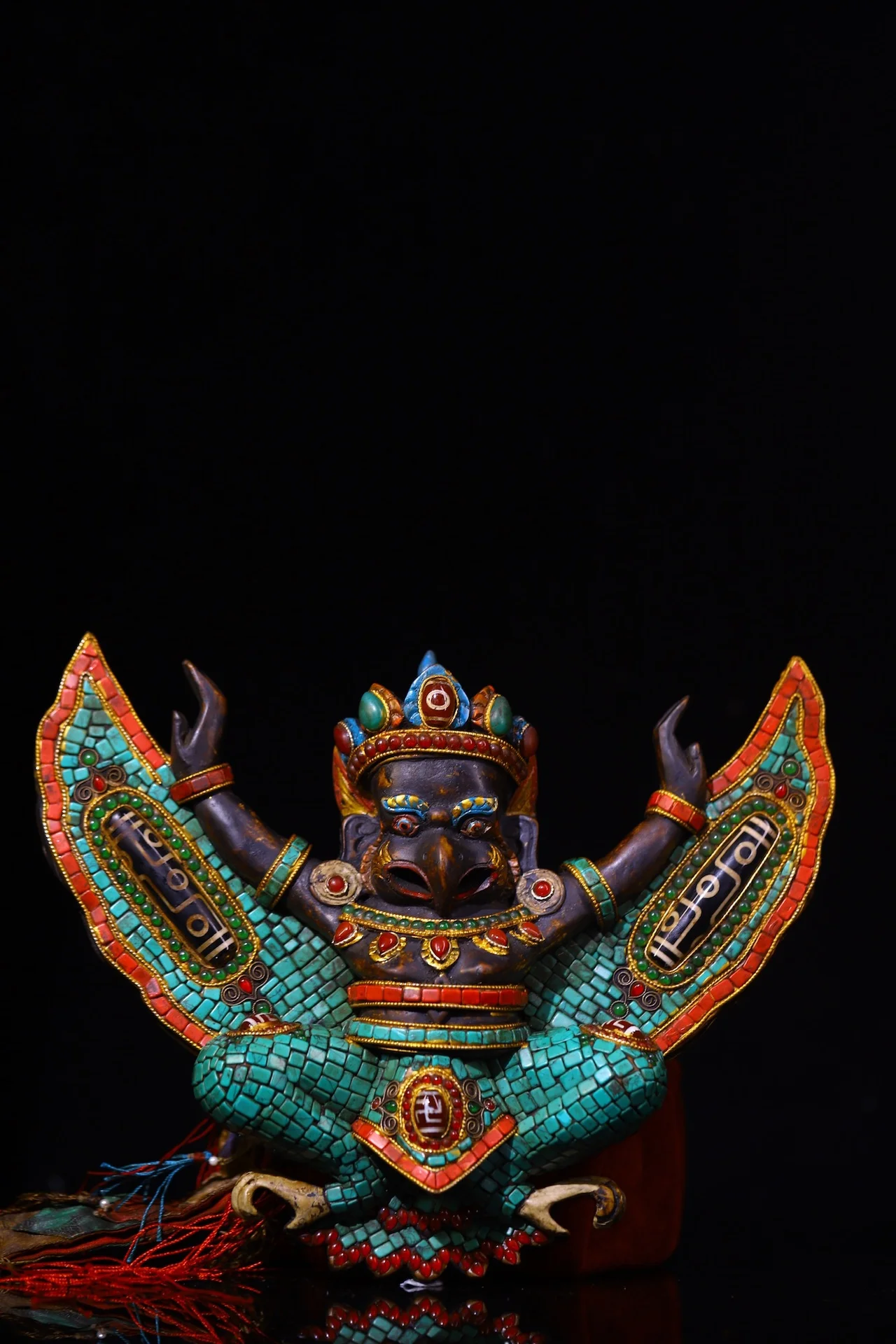 

10"Tibetan Temple Collection Old Yak Bone Mosaic Gem gZi Beads Turquoise Garuda Dhwaja Protector Buddha Amulet Town house