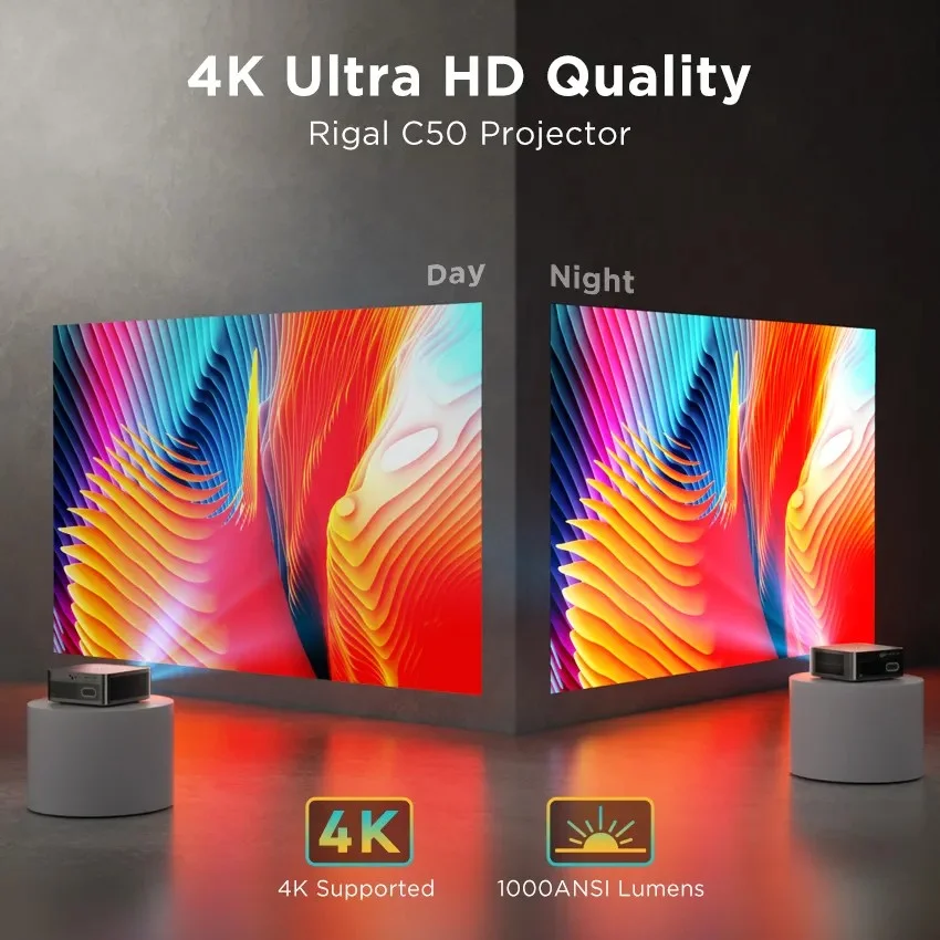 C50B 1000Ansi Lumens Smart Projector Wifi With Bluetooth Android 4K Black Home Data Outdoor Wall High Resolution Projector