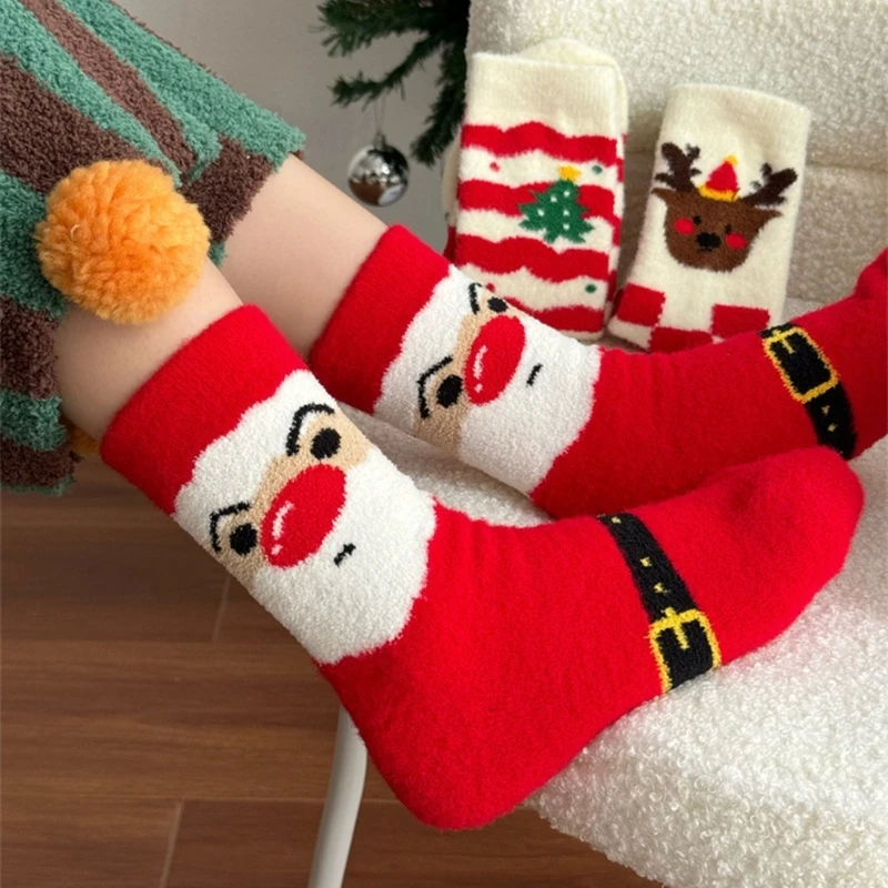 Holiday Themed Coral Fleece Floor Socks Women Men Funny Christmas Cartoon Pattern Fuzzy Slipper Socks Winter Warm Indoor Hosiery