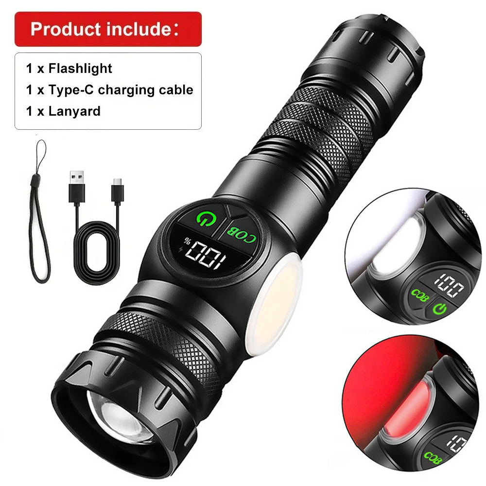 USB Rechargeable Tactical Flashlight with COB Side Light High Power Magnetic Fishing Camping Zoom Lantern Outdoor Torch