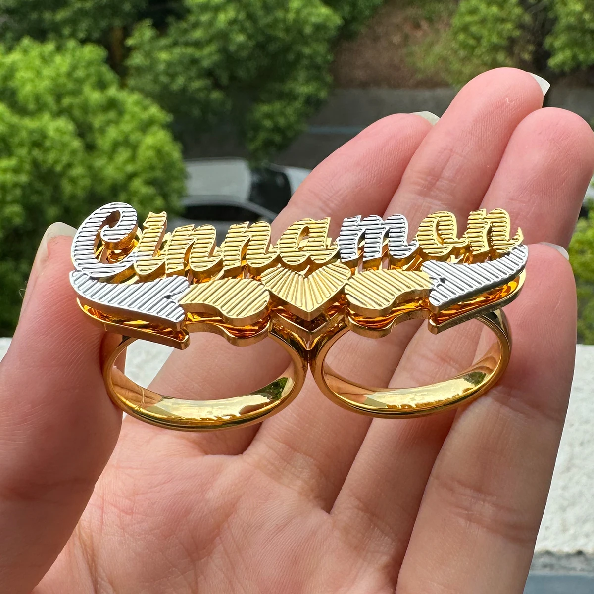 

Custom Double Finger Ring Personalized Name 3D Double Color Nameplate Stainless Steel Rings Jewelry Party Anniversary Gift