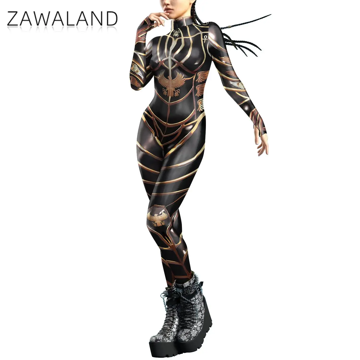 Zawaland Adult Women Bodysuit Printed Clothing Performance Holiday Party Cool Punk Robot Cosplay Costumes Female Jumpsuit