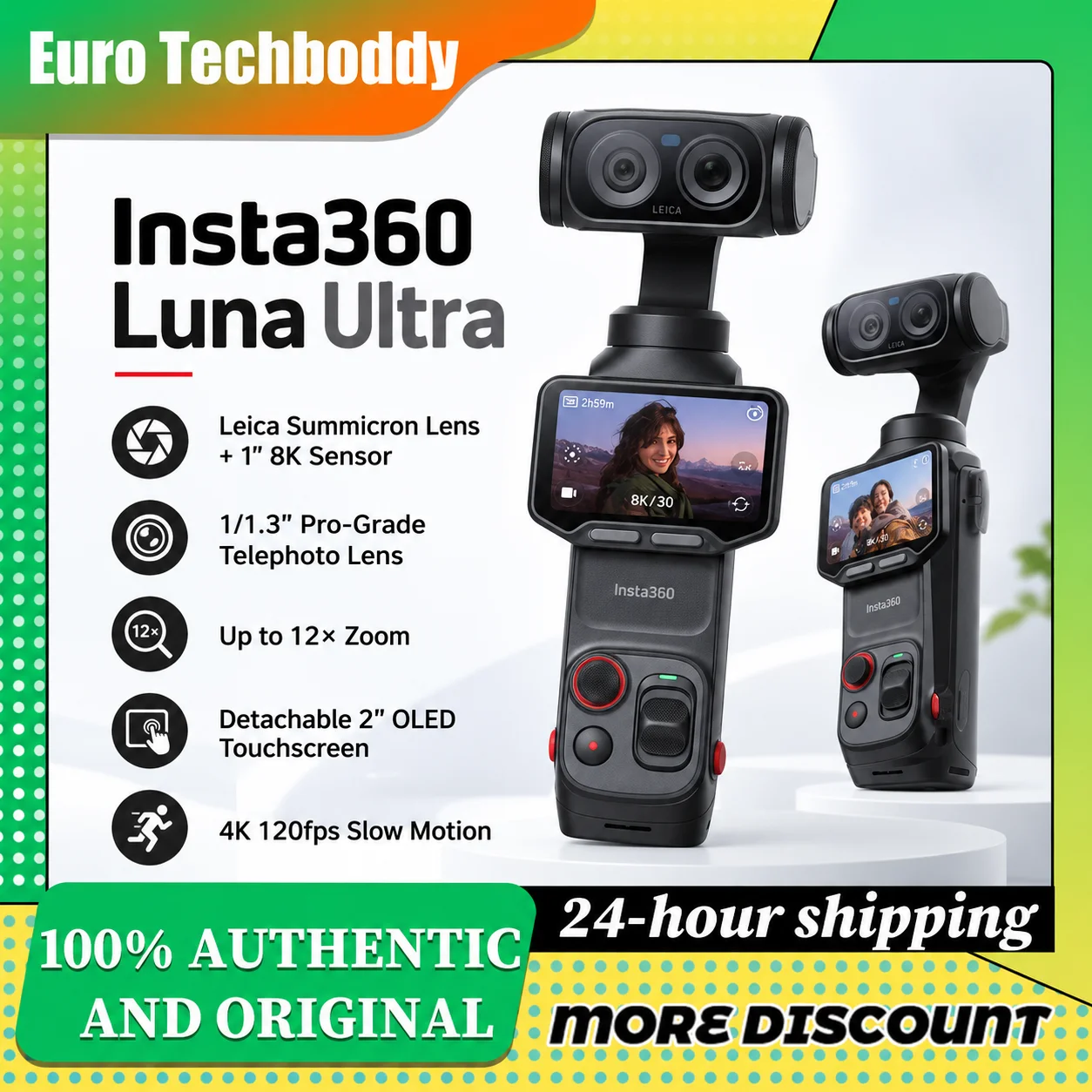 Insta360 Luna Ultra: videocamera 8K per vlog con doppio obiettivo Leica, zoom 12x, sensore da 1 pollice, schermo touchscreen da 2 pollici rimovibile, chip AI triplo, videocamera tascabile con