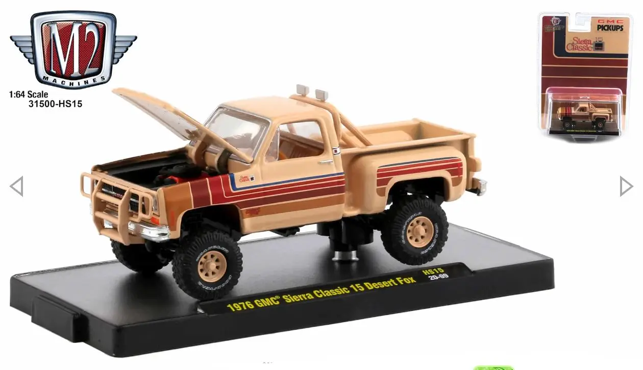 

Машины M2 1/64 1976 GMC Sierra Classic 15 Desert Fox литые под давлением модели автомобилей из сплава, Коллекционная модель, подарок для детей