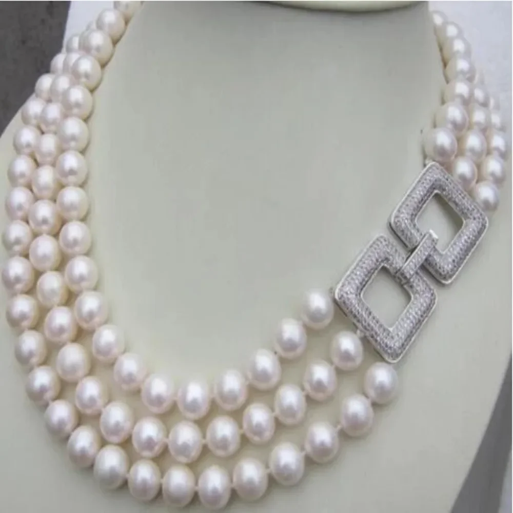 Hand knotted 3 rows necklace natural 9-8mm white freshwater pearl nearly round pearl micro inlaid zircon accessory 17-19inch