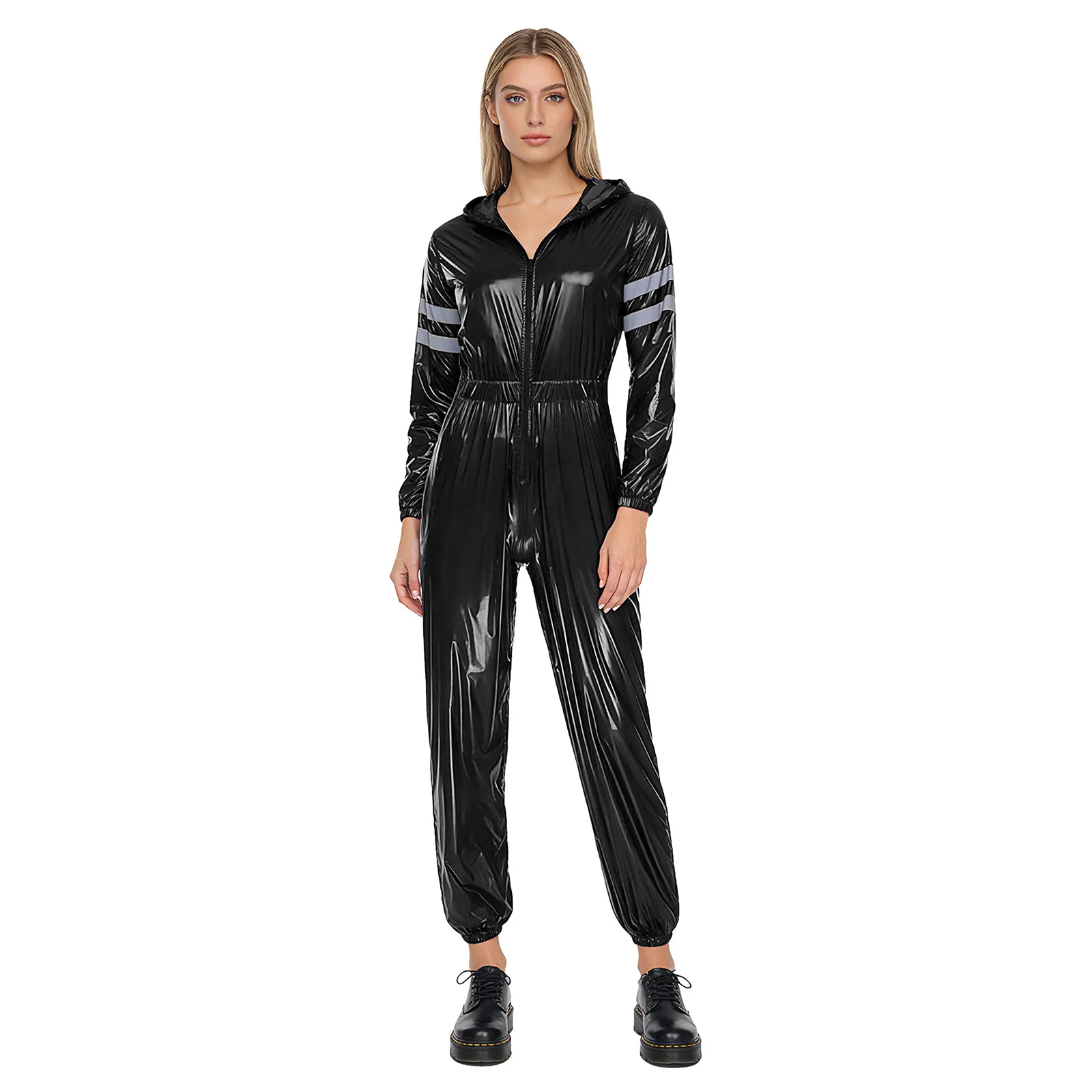 Womens Water Resistant Coveralls Romper High Visibility Reflective Strips Long Sleeves Hooded Jumpsuit for Traffic Control Wear