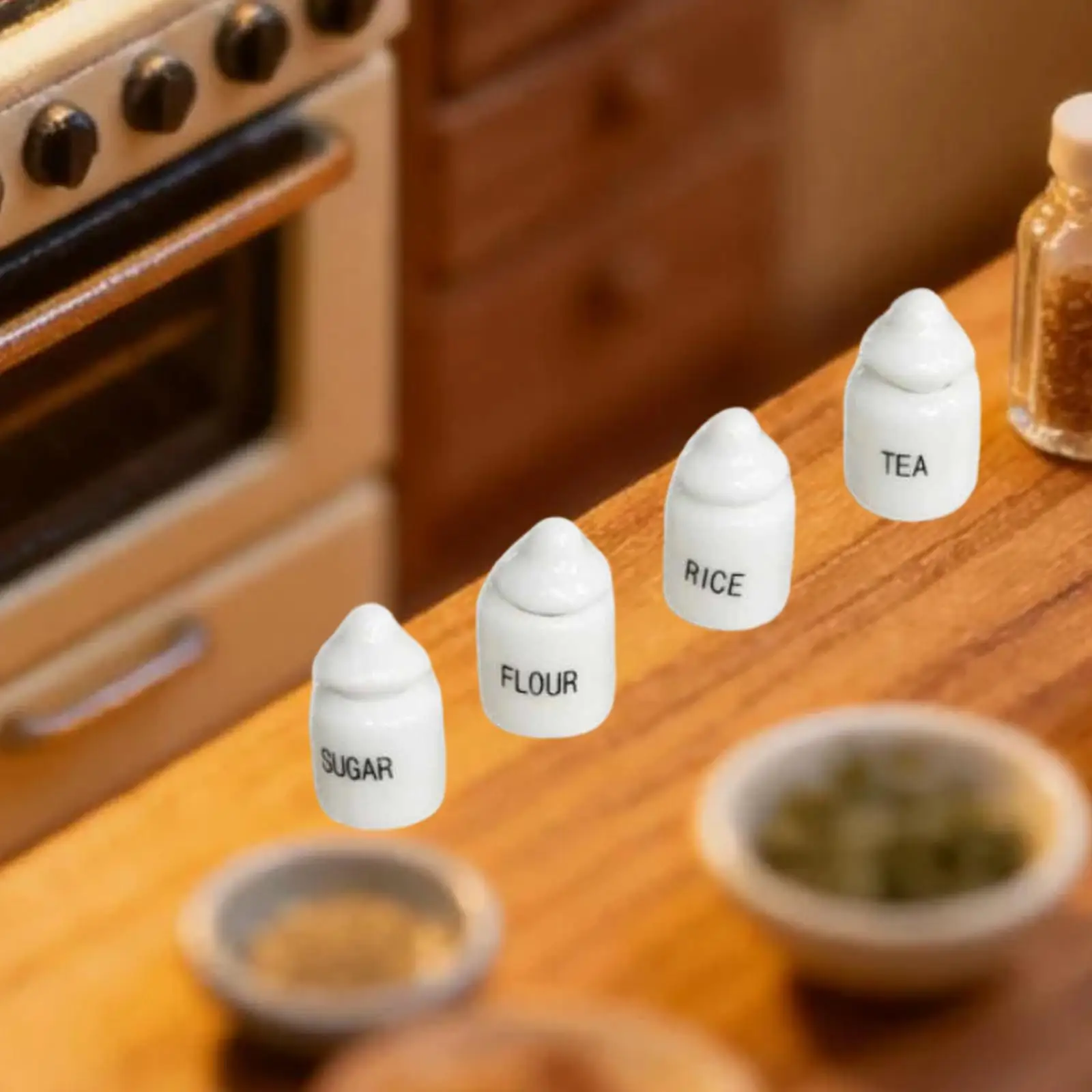 

4x 1:12 Dollhouse Spice Jars,Realistic Small Canisters Tiny Seasoning Pots,Miniature Ceramic Containers Mini Seasoning Bottles