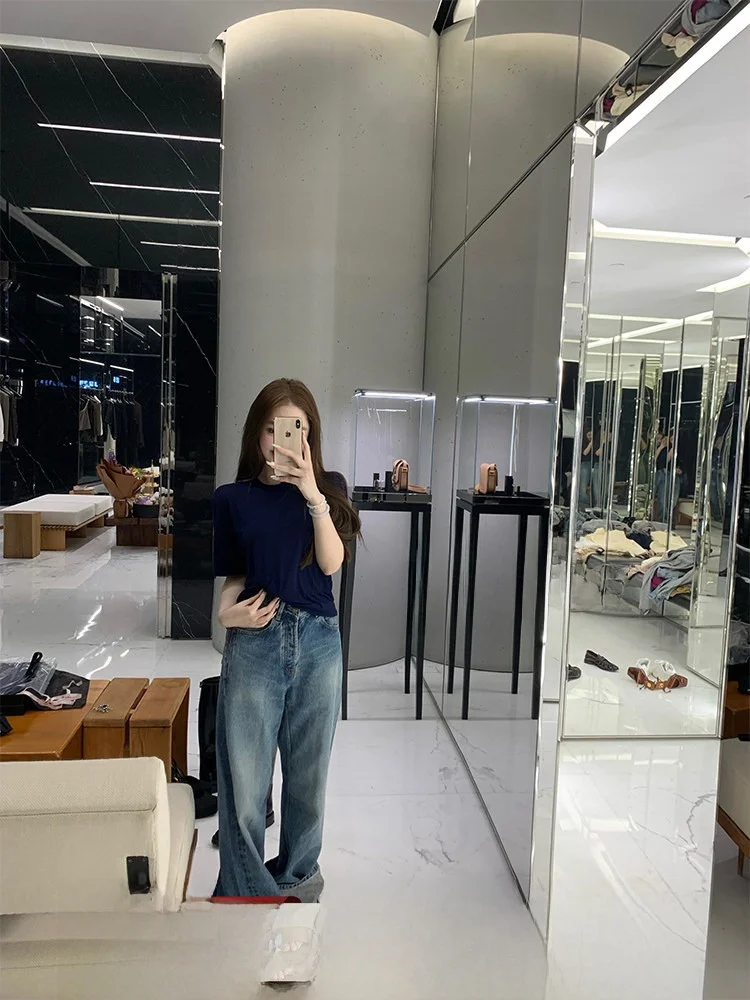 

DoggyQin Lazy Pants 3D Tailoring Loose Straight Leg Jeans Casual Floor-Length Pants High Waist Button Pure Color Ladies Jeans