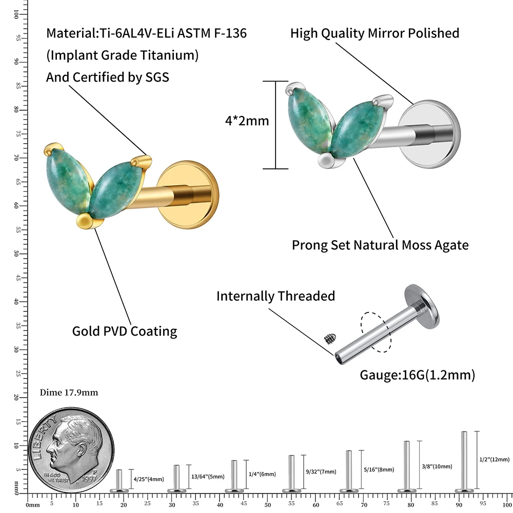 Right Grand ASTM F136 Titanium 16G Double Marquise Moss Agate Cartilage Flat Back Labret Earring Tragus Helix Stud Nose Piercing