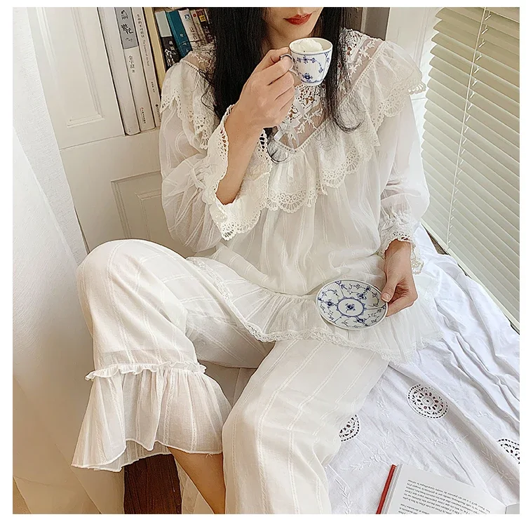Women\'s Lolita Princess V neck Pajama Sets.Ruffle Lace Tops+Long Pants.Vintage Ladies Girl\'s Pyjamas Set.Sleepwear Loungewear