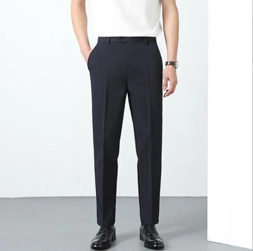 Spring Summer Suit Pants Men Business Smooth Slim Business Office Social Elastic Waist Ankle Length Formal Korean Trousers Male