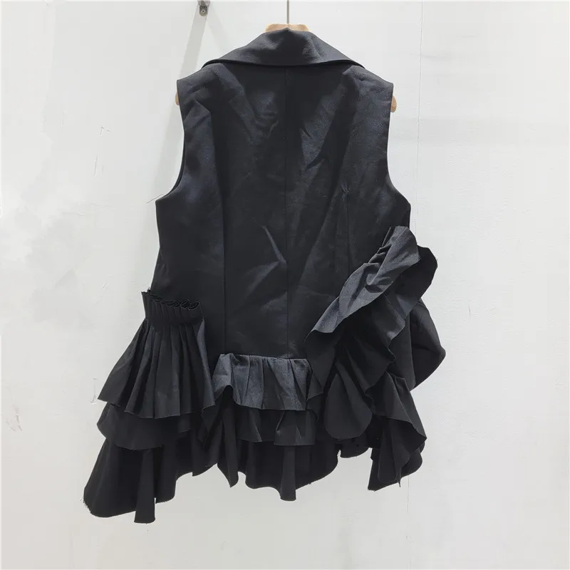 Vest Coat Women Asymmetrical Ruffles Waistcoat Turn Down Collar Single Breasted Sleeveless Jacket Summer Office Lady 2026