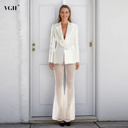 VGH Elegant Two Piece Sets For Women Notched Collar Long Sleeve Blazer High Waist Spliced Pearls Flare Pants Slimming Set Female