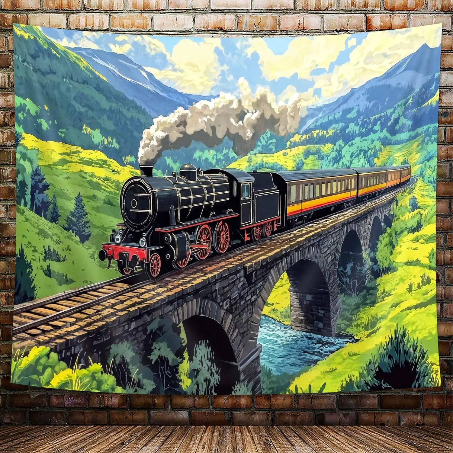 Vintage Steam Train Tapestry Spring Mountain River Bridge Landscape Wall Art for Kids Bedroom Living Room Decor