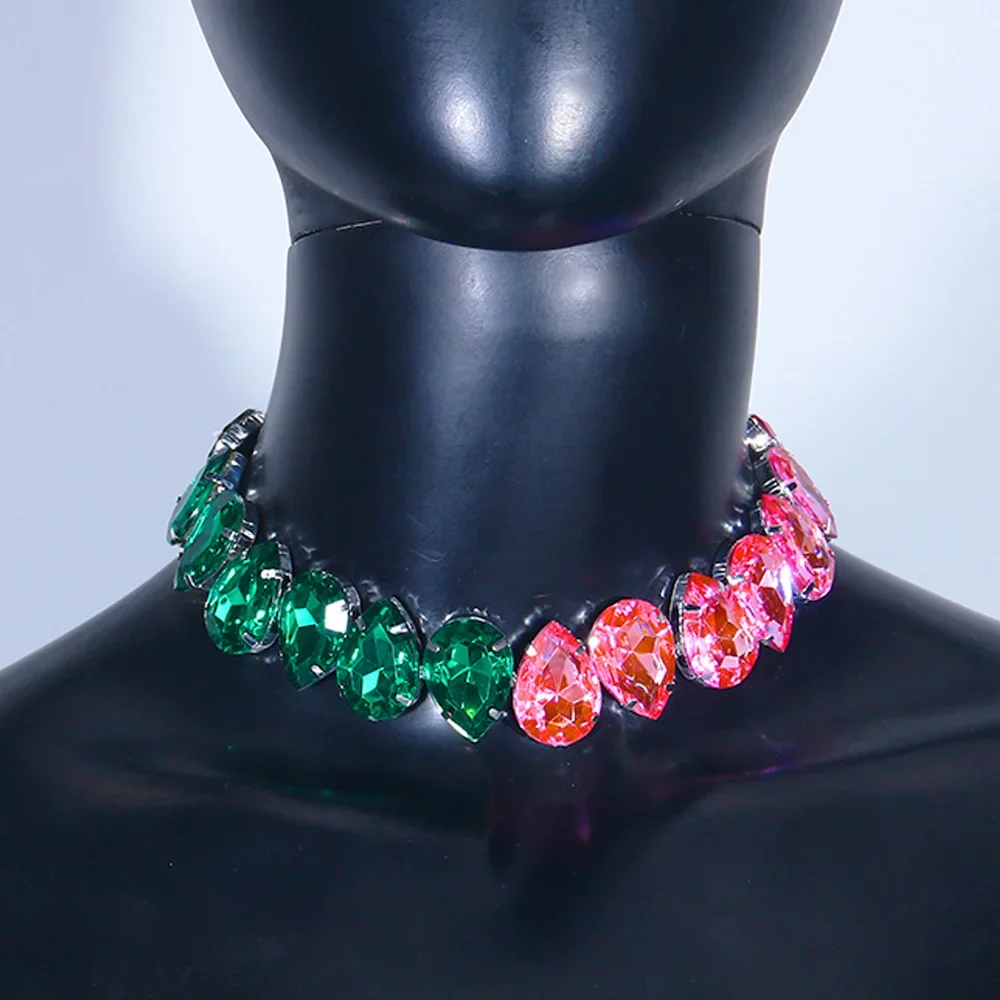 Green and Pink Water Drop Necklace Crystal Choker Jewelry Fashion Irregular Stitching Necklace Collar Wedding Accessories Gift
