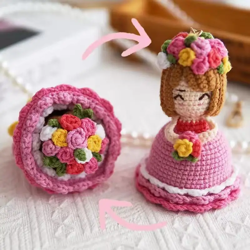 

1Pc Handmade Crochet Dressing Bride Doll Finished Knitted Hand Bouquet Crochet Knitted Doll Table Decor Wedding Companion Gift