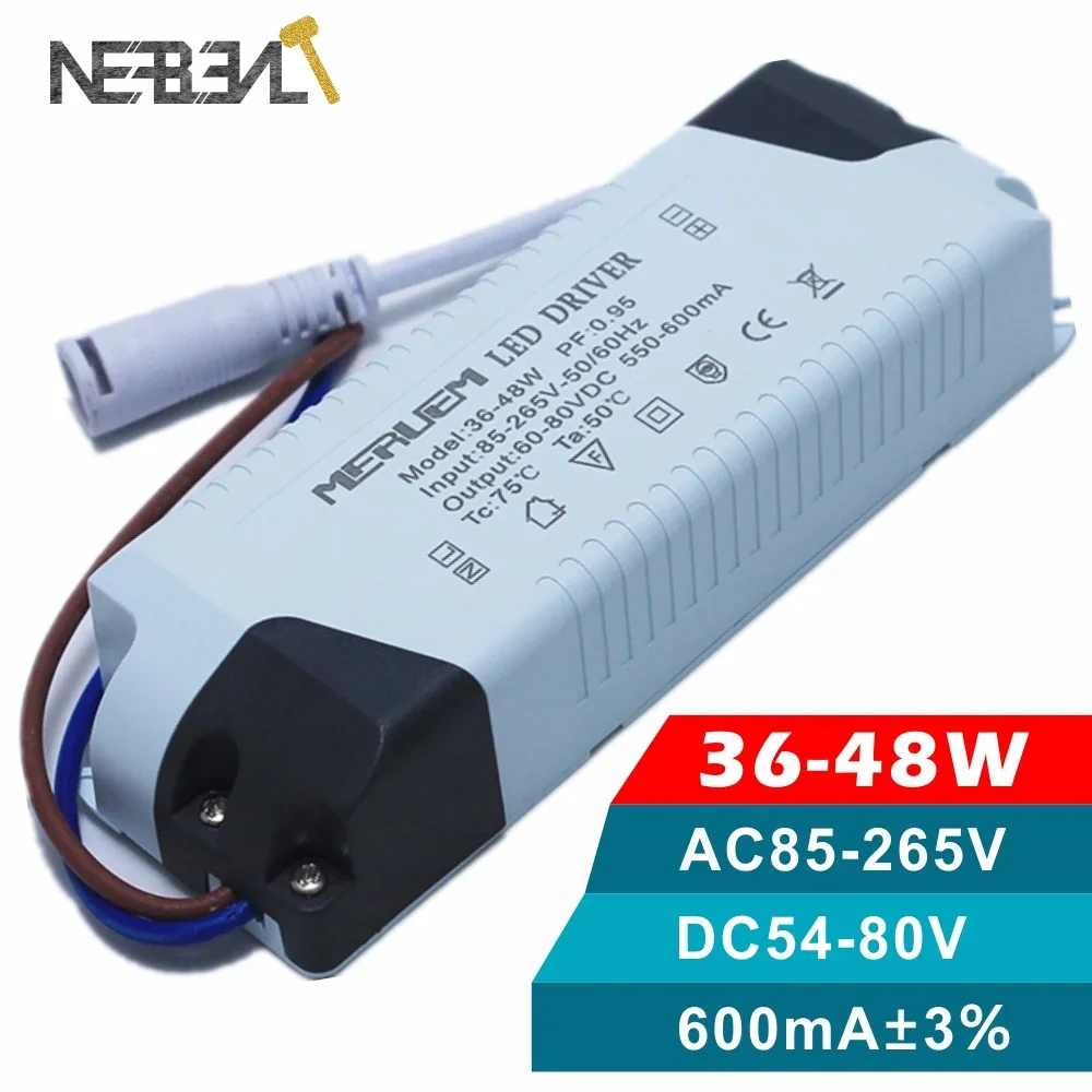 36W-48W LED Panel Lamp Power Supply Lighting Transformer AC85-265V Output 600mA DC54-80V External Drive